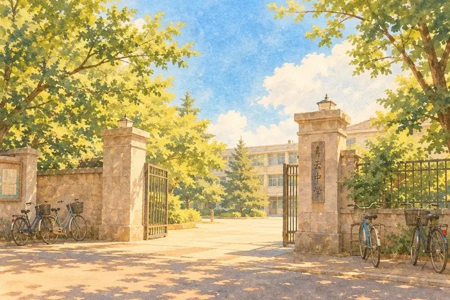 黄果短剧无广告编辑部常去的旧校门插画，夏日晴空下的石柱与藤蔓